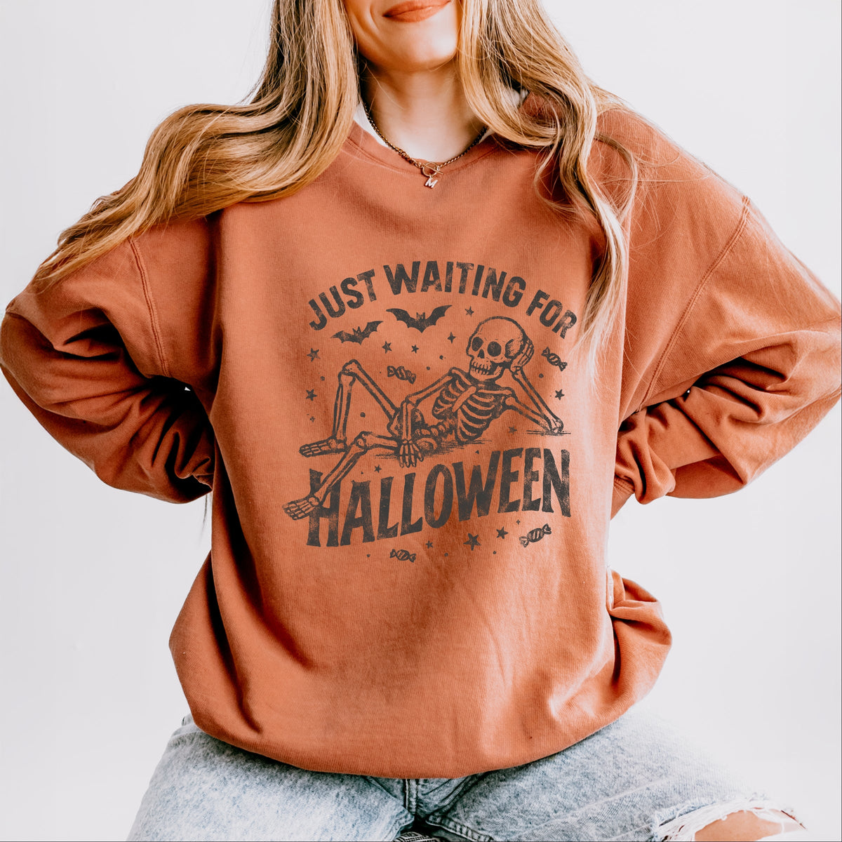 Just Waiting For Halloween Skeleton - Women's Lightweight Garment Dyed Sweatshirt