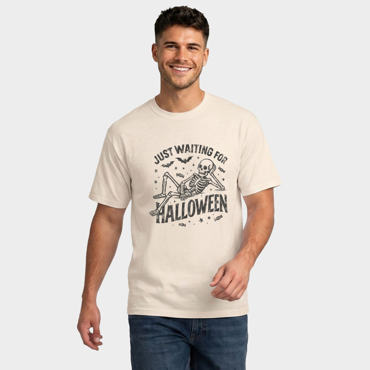 Just Waiting For Halloween Skeleton - Men's Garment Dyed Graphic T-Shirt