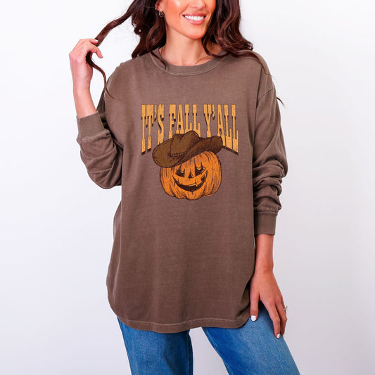 It's Fall Y'all Jack-O-Lantern - Women's Garment Dyed Long Sleeve Graphic T-Shirt