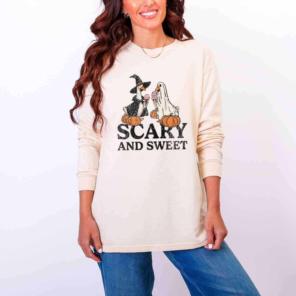 Scary and Sweet Geese - Women's Garment Dyed Long Sleeve Graphic T-Shirt