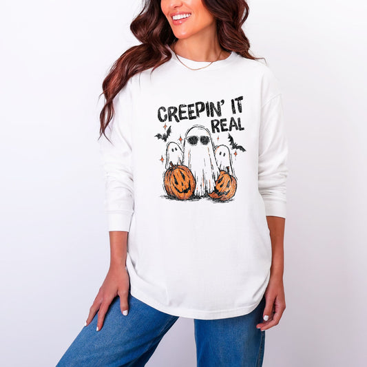 Creepin it Real Ghosts - Women's Garment Dyed Long Sleeve Graphic T-Shirt