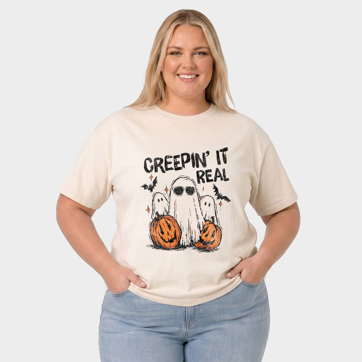 Creepin it Real Ghosts - Women's Plus Sized Garment Dyed Graphic T-Shirt