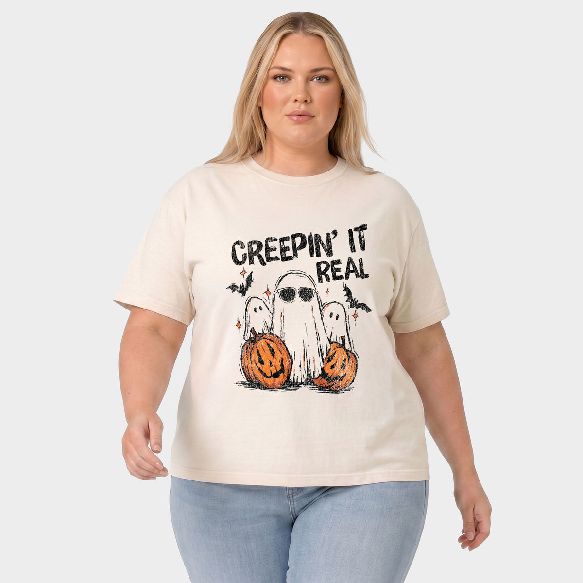 Creepin it Real Ghosts - Women's Plus Sized Garment Dyed Graphic T-Shirt