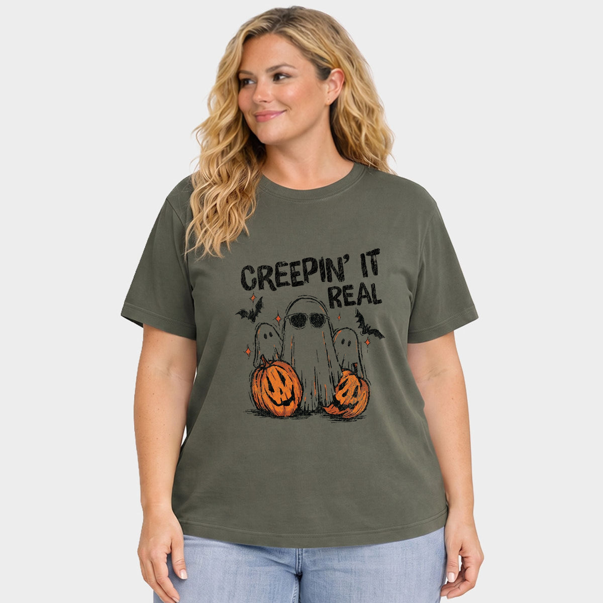 Creepin it Real Ghosts - Women's Plus Sized Garment Dyed Graphic T-Shirt