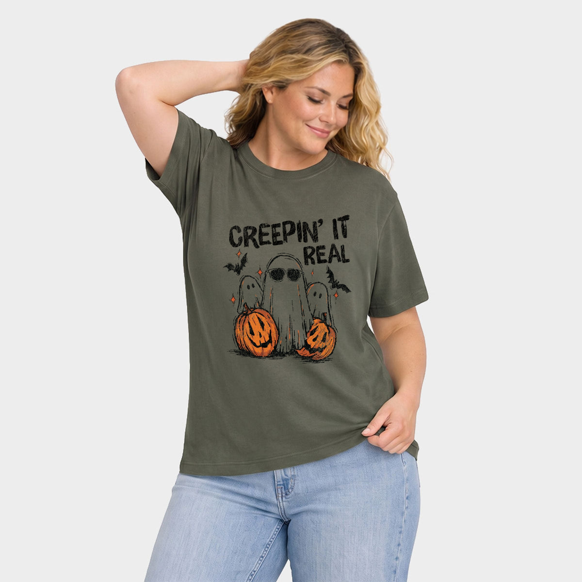 Creepin it Real Ghosts - Women's Plus Sized Garment Dyed Graphic T-Shirt
