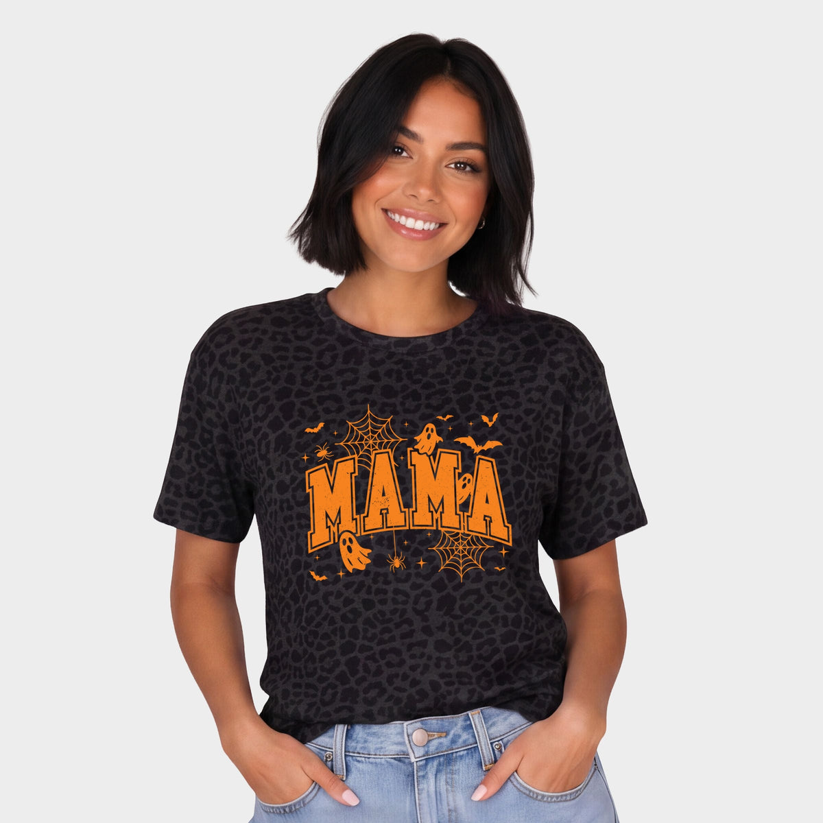 Mama Halloween Varsity - Women's Leopard Print Tee