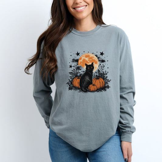 Black Cat Pumpkins - Women's Garment Dyed Long Sleeve Graphic T-Shirt