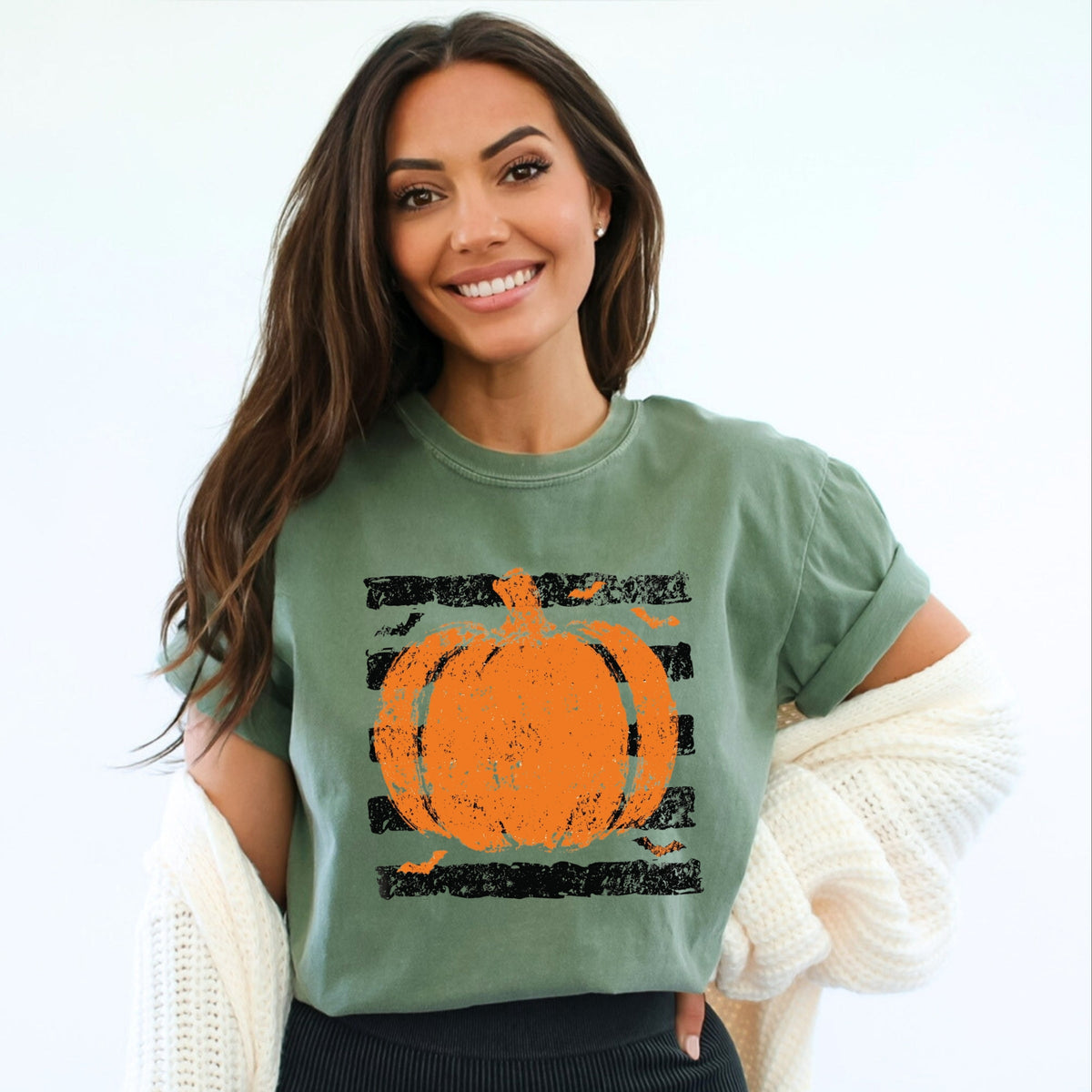Pumpkin Stripes Bats - Women's Garment Dyed Graphic T-Shirt