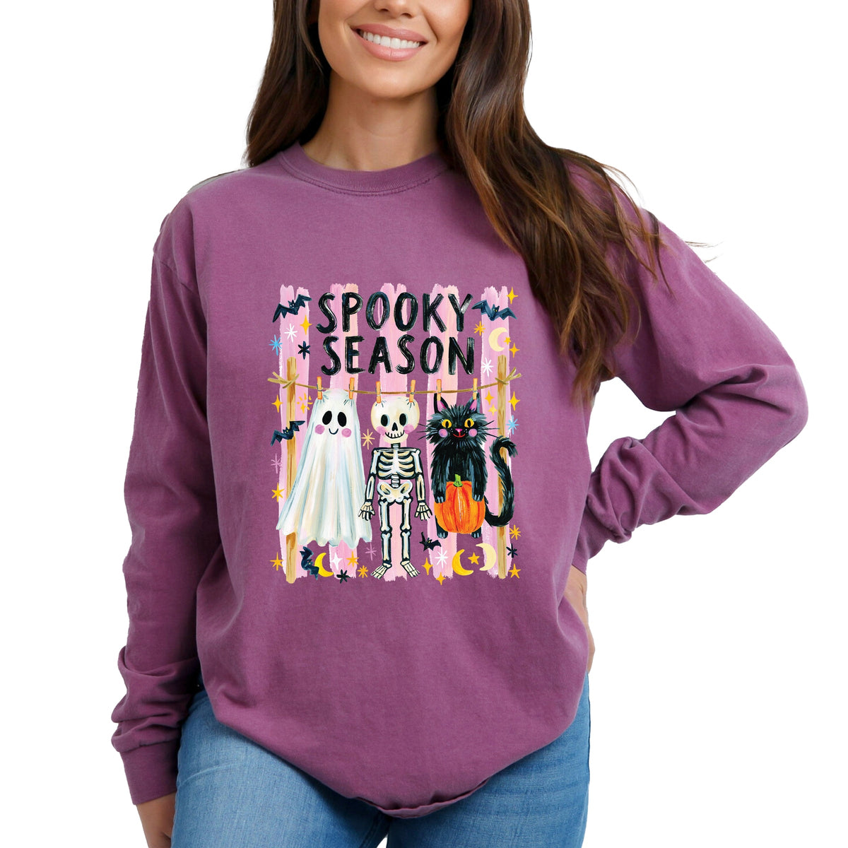 Halloween Character Clothesline - Women's Garment Dyed Long Sleeve Graphic T-Shirt