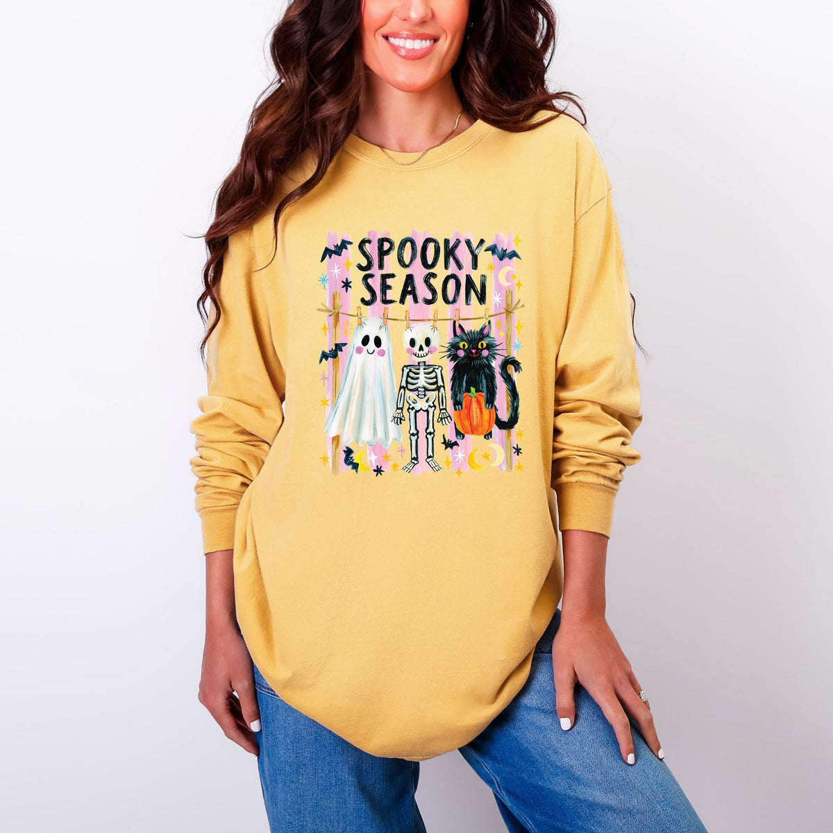 Halloween Character Clothesline - Women's Garment Dyed Long Sleeve Graphic T-Shirt