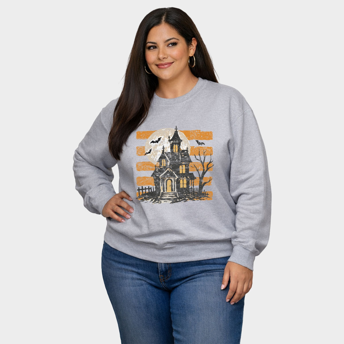 Haunted House Orange Stripes -  Women's Plus Sized Graphic Sweatshirt