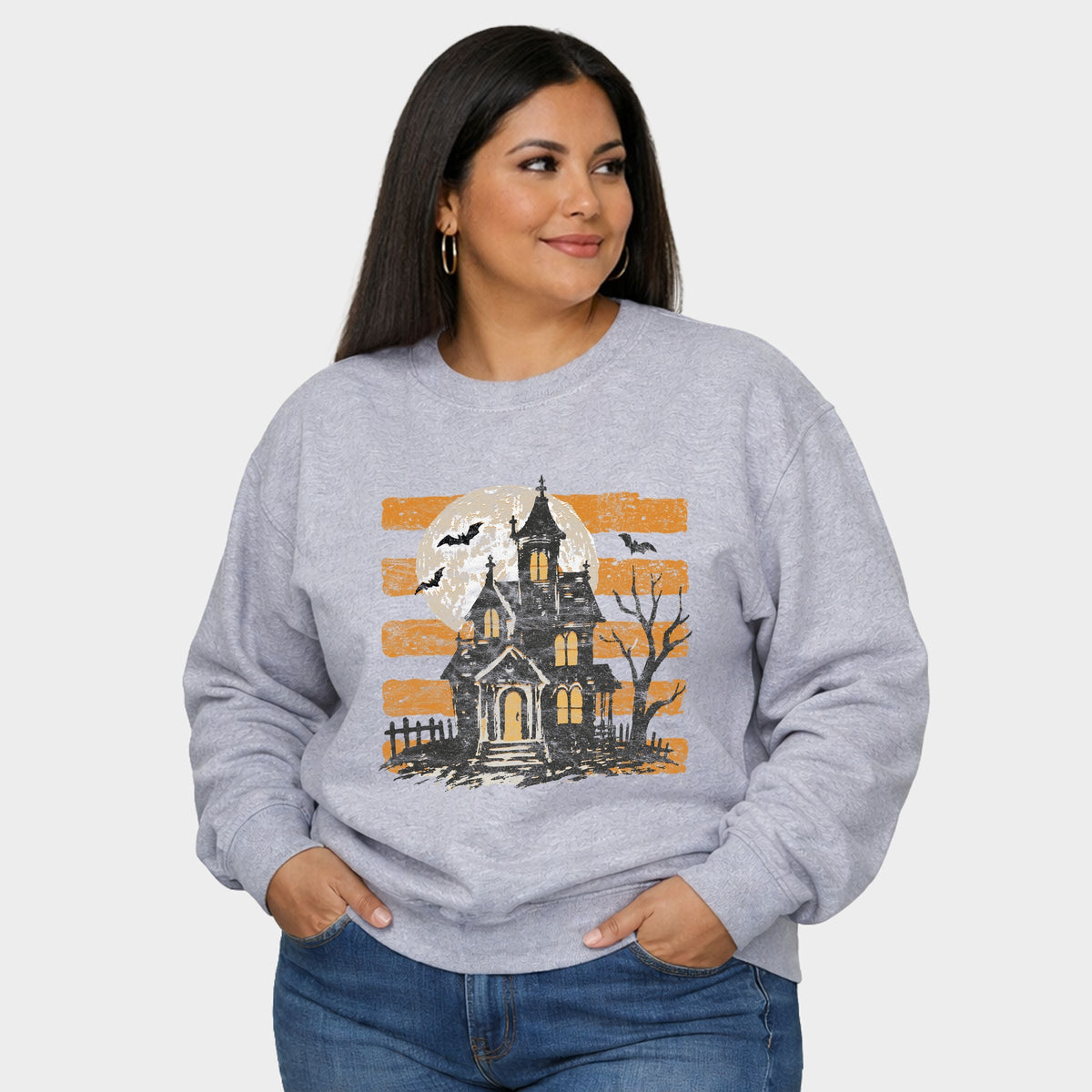 Haunted House Orange Stripes -  Women's Plus Sized Graphic Sweatshirt