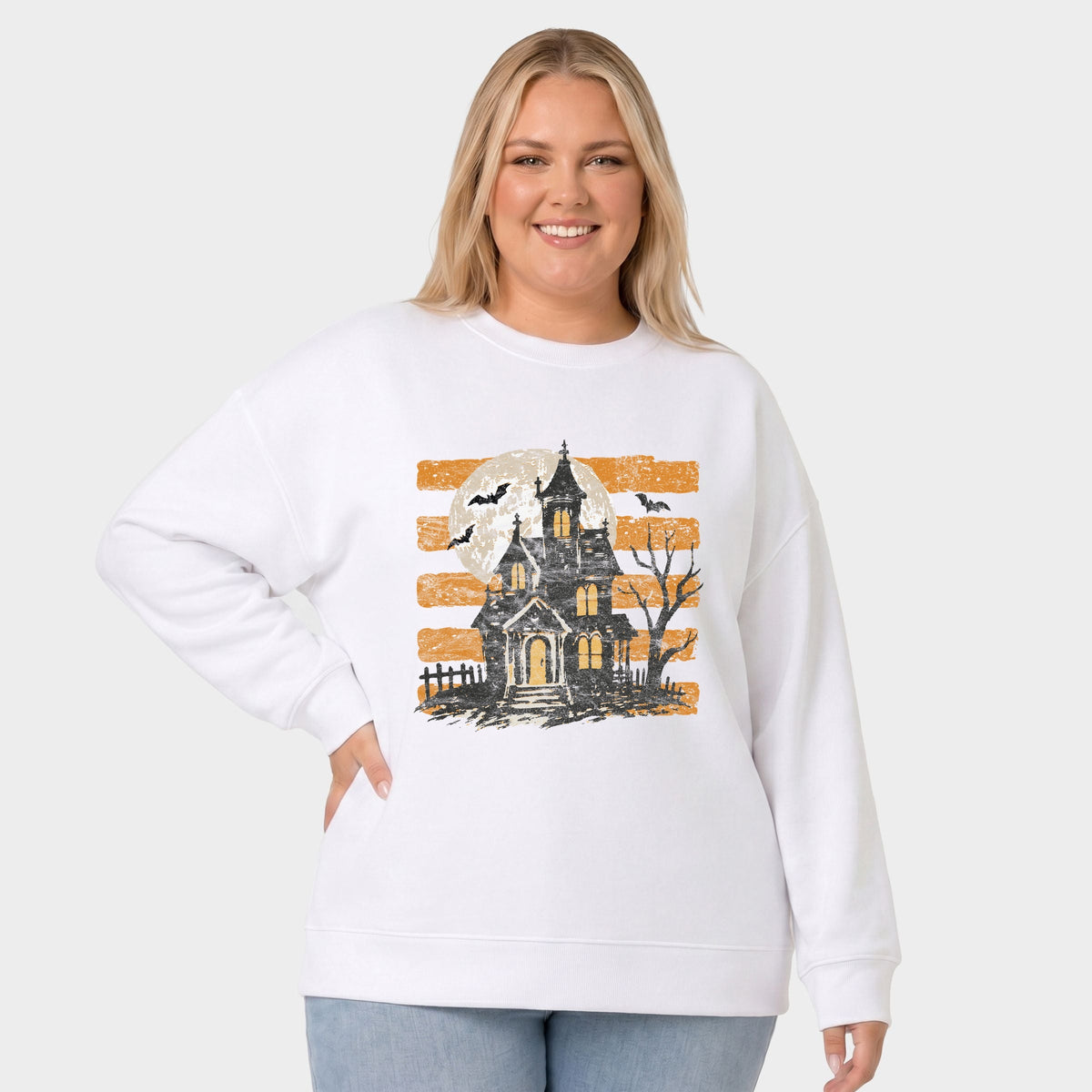 Haunted House Orange Stripes -  Women's Plus Sized Graphic Sweatshirt