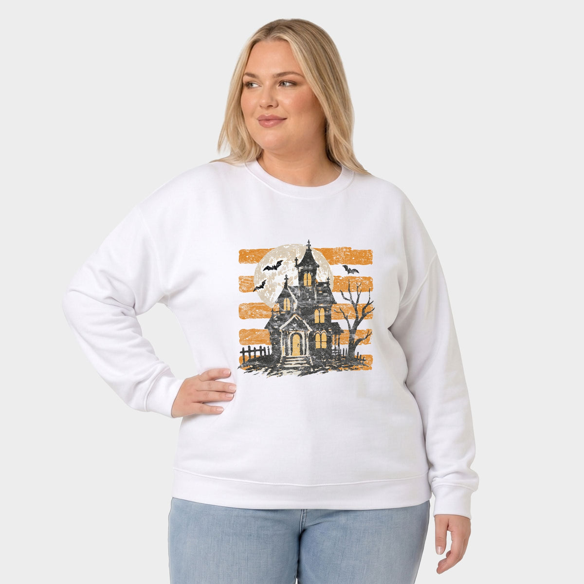 Haunted House Orange Stripes -  Women's Plus Sized Graphic Sweatshirt