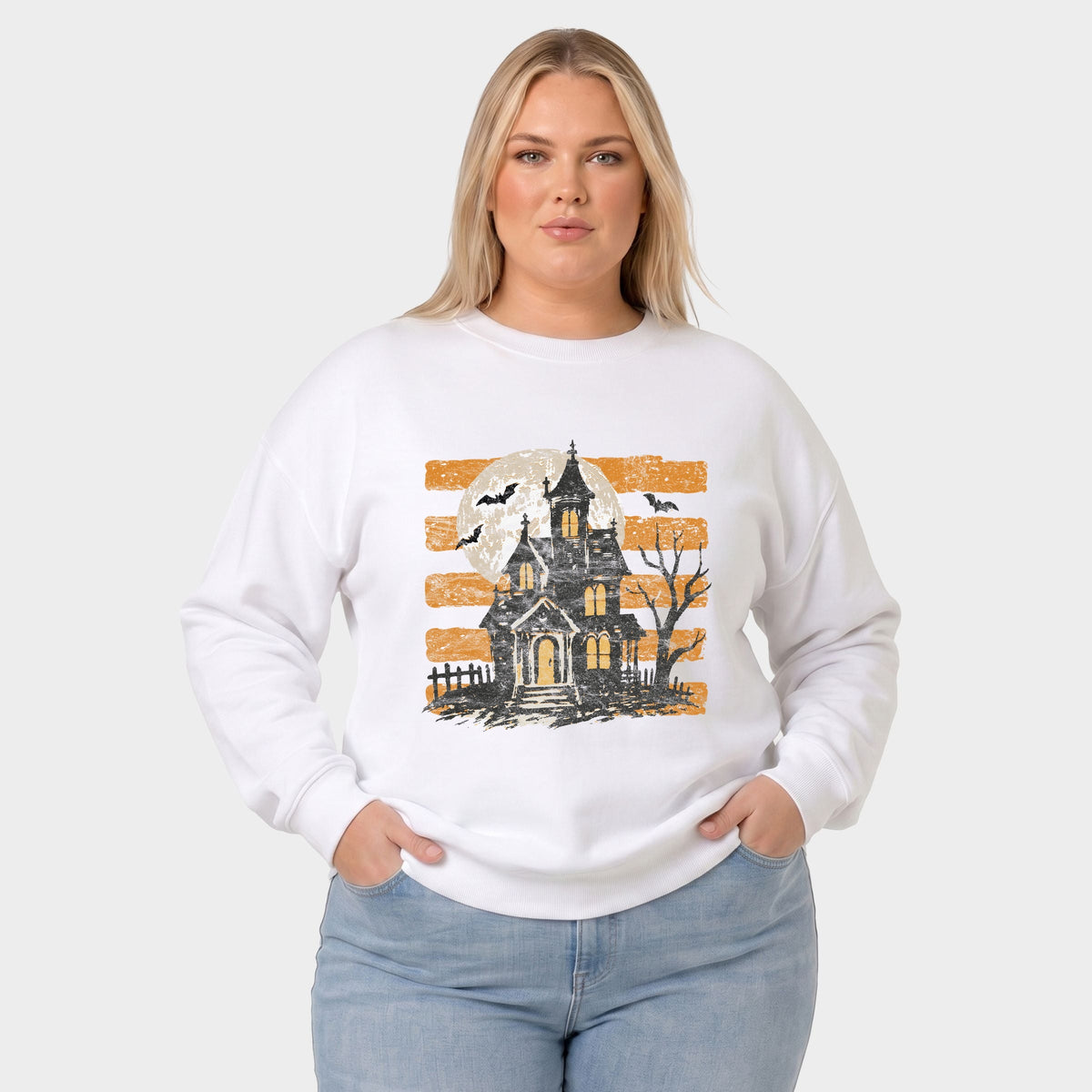 Haunted House Orange Stripes -  Women's Plus Sized Graphic Sweatshirt