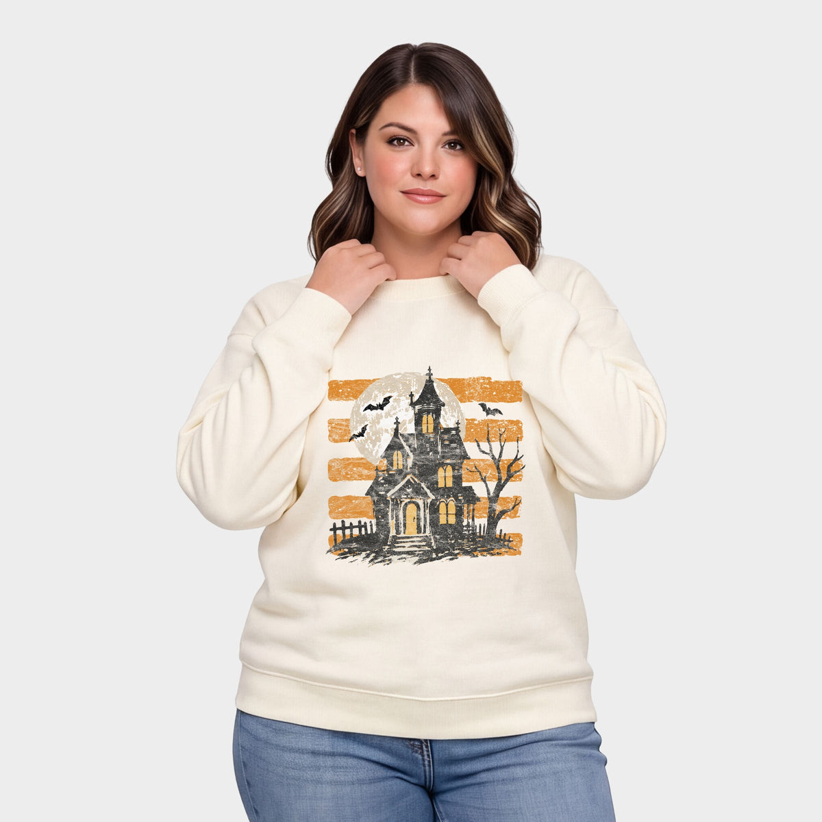 Haunted House Orange Stripes -  Women's Plus Sized Graphic Sweatshirt