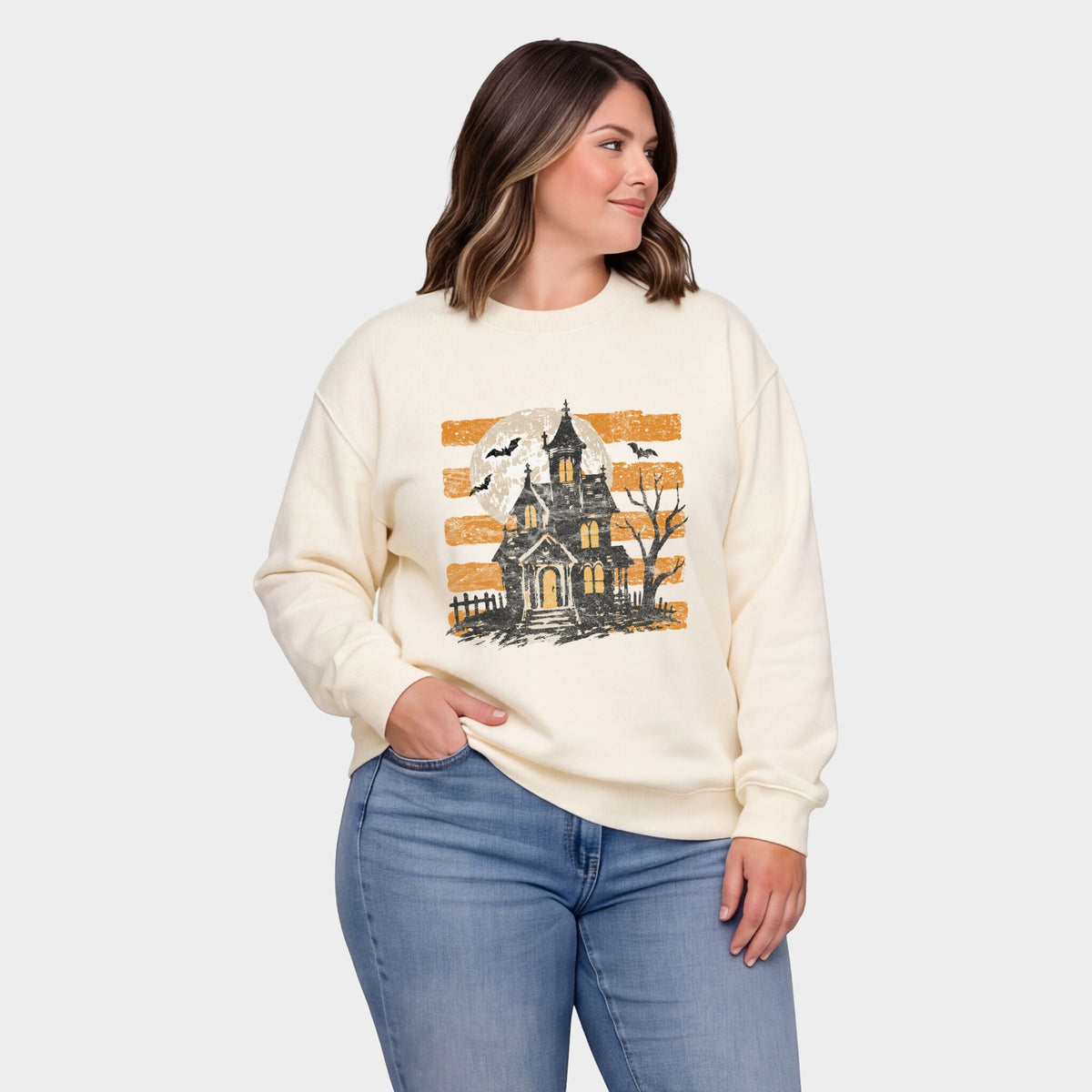 Haunted House Orange Stripes -  Women's Plus Sized Graphic Sweatshirt