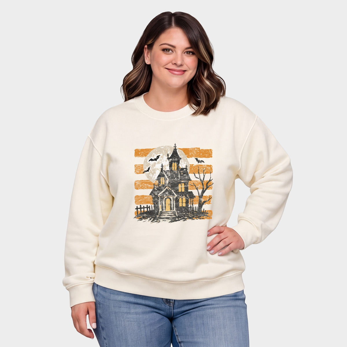 Haunted House Orange Stripes -  Women's Plus Sized Graphic Sweatshirt