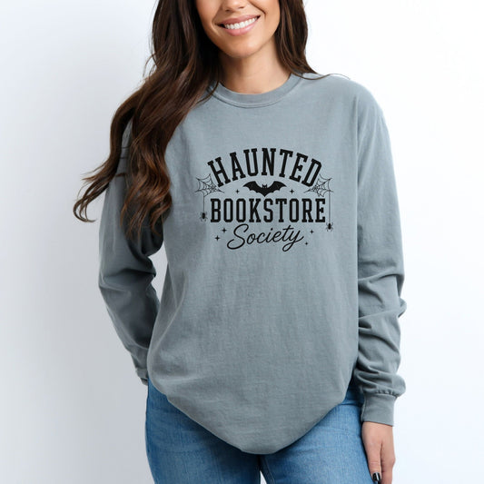 Haunted Bookstore - Women's Garment Dyed Long Sleeve Graphic T-Shirt