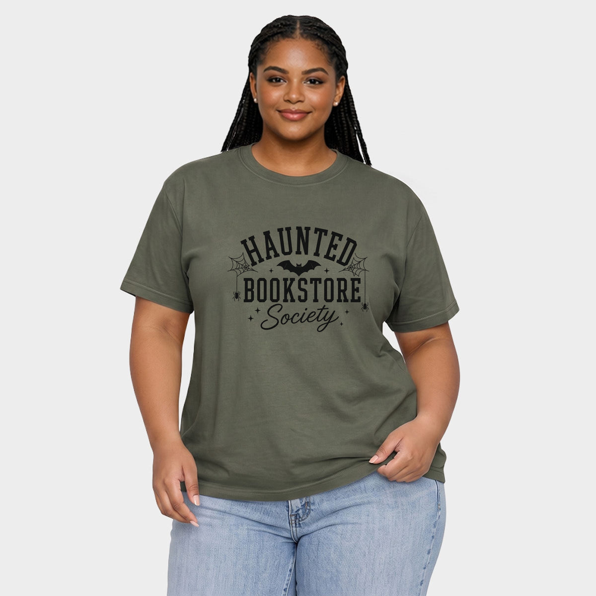 Haunted Bookstore - Women's Plus Sized Garment Dyed Graphic T-Shirt