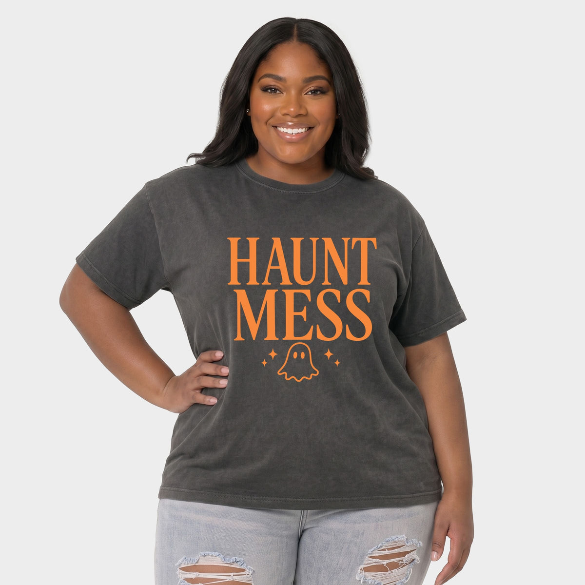 Haunt Mess - Women's Plus Sized Garment Dyed Graphic T-Shirt