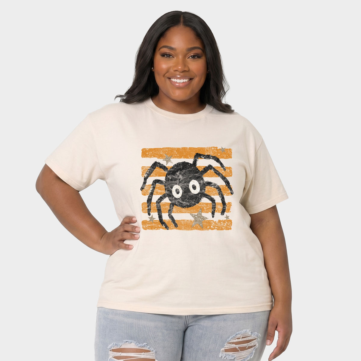 Spider Orange Stripes - Women's Plus Sized Garment Dyed Graphic T-Shirt