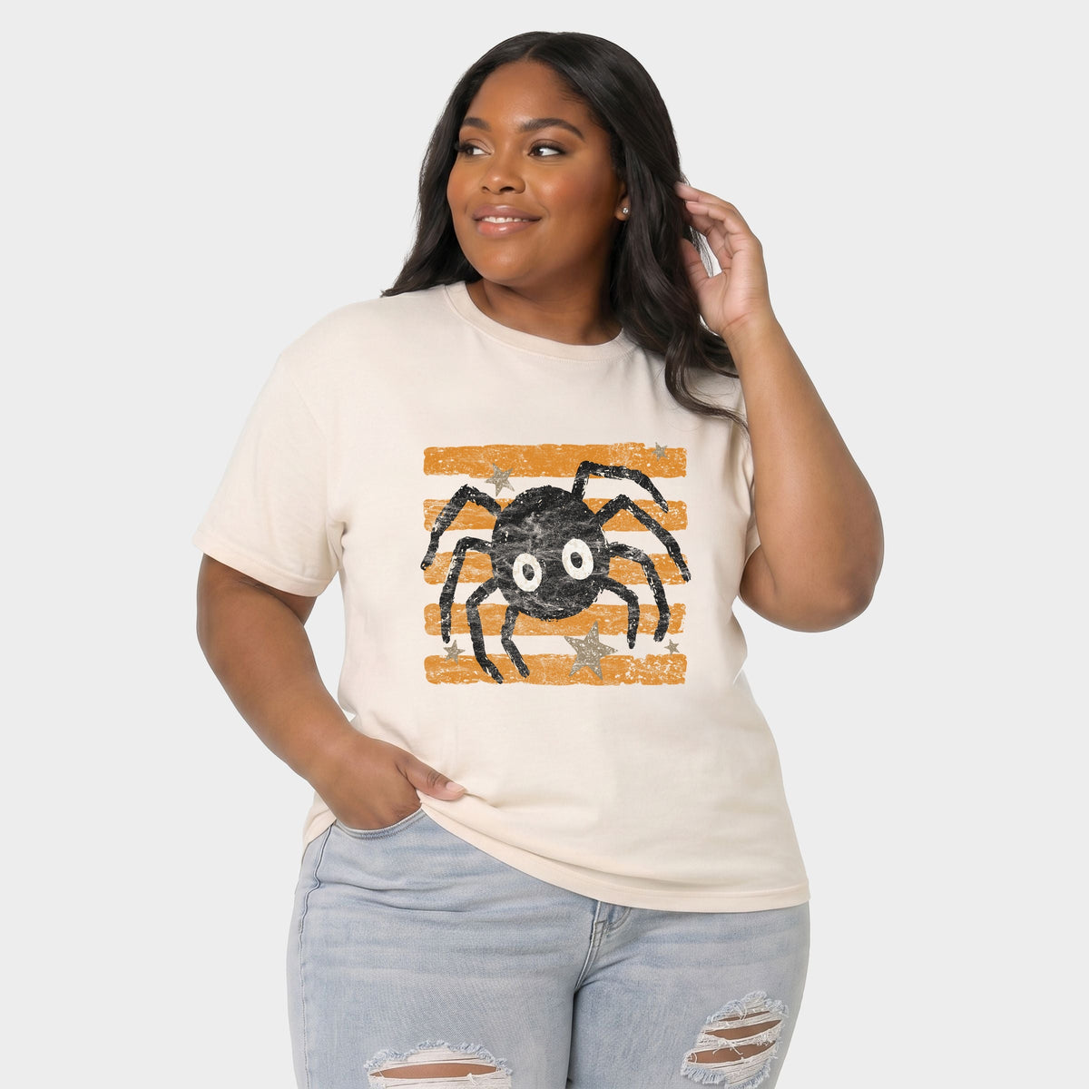 Spider Orange Stripes - Women's Plus Sized Garment Dyed Graphic T-Shirt