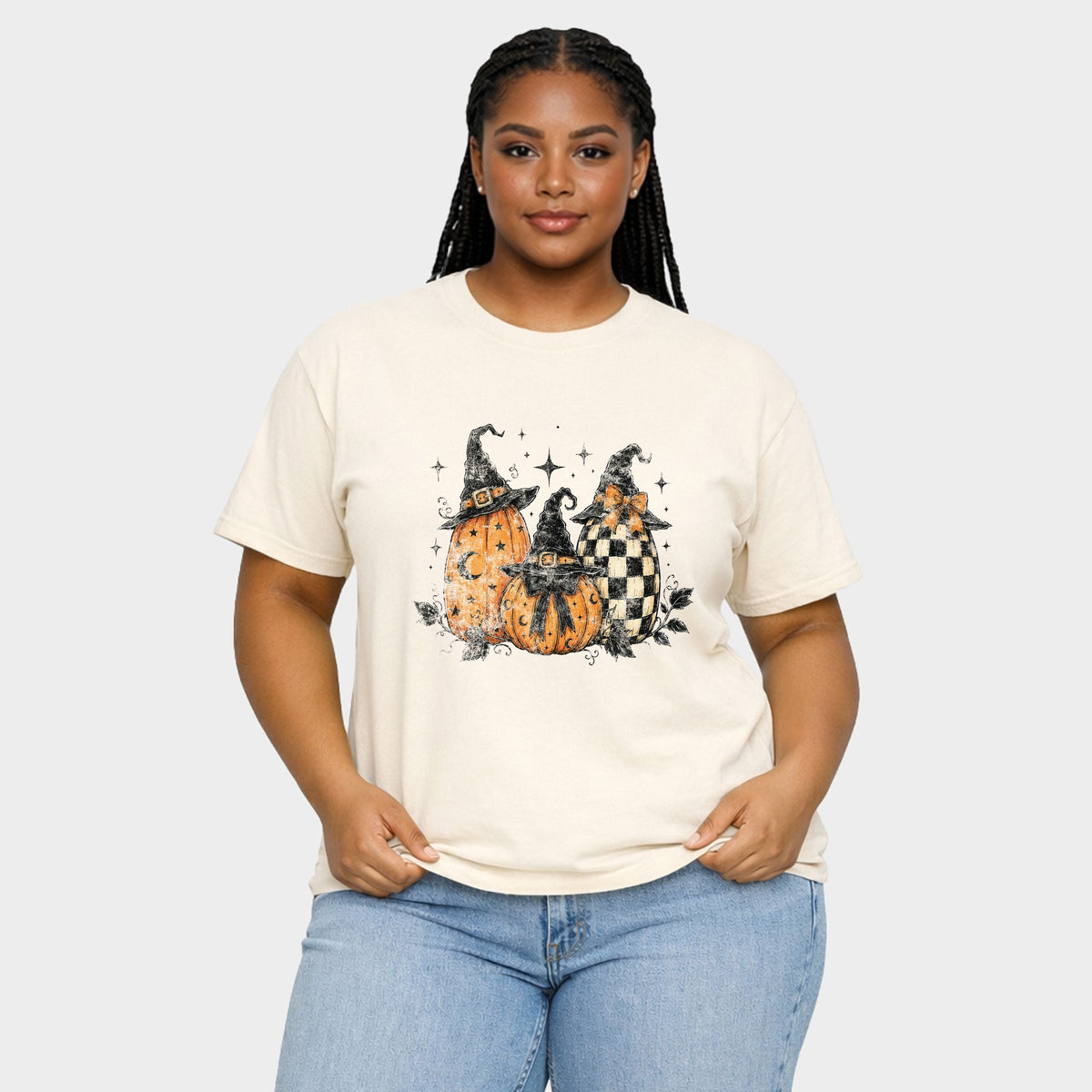 Witch Hat Pumpkins - Women's Plus Sized Garment Dyed Graphic T-Shirt