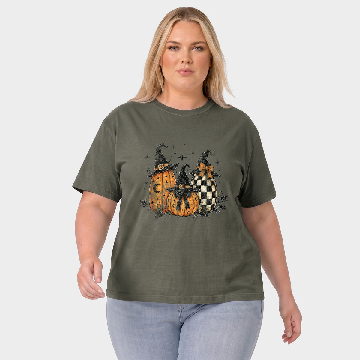 Witch Hat Pumpkins - Women's Plus Sized Garment Dyed Graphic T-Shirt