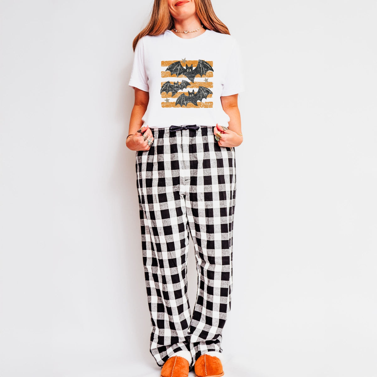 Bats Orange Stripes - Women's Plaid Pants and Tee Set
