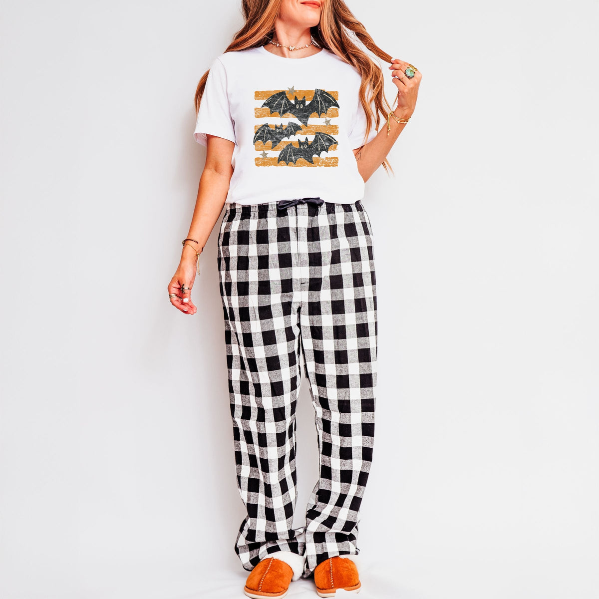 Bats Orange Stripes - Women's Plaid Pants and Tee Set