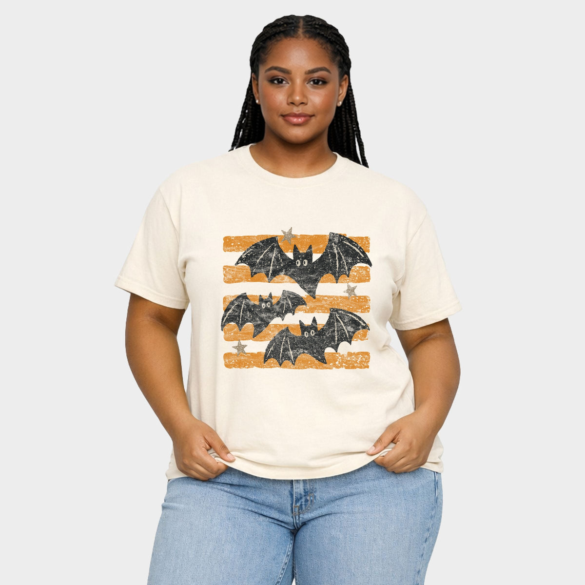 Bats Orange Stripes - Women's Plus Sized Garment Dyed Graphic T-Shirt