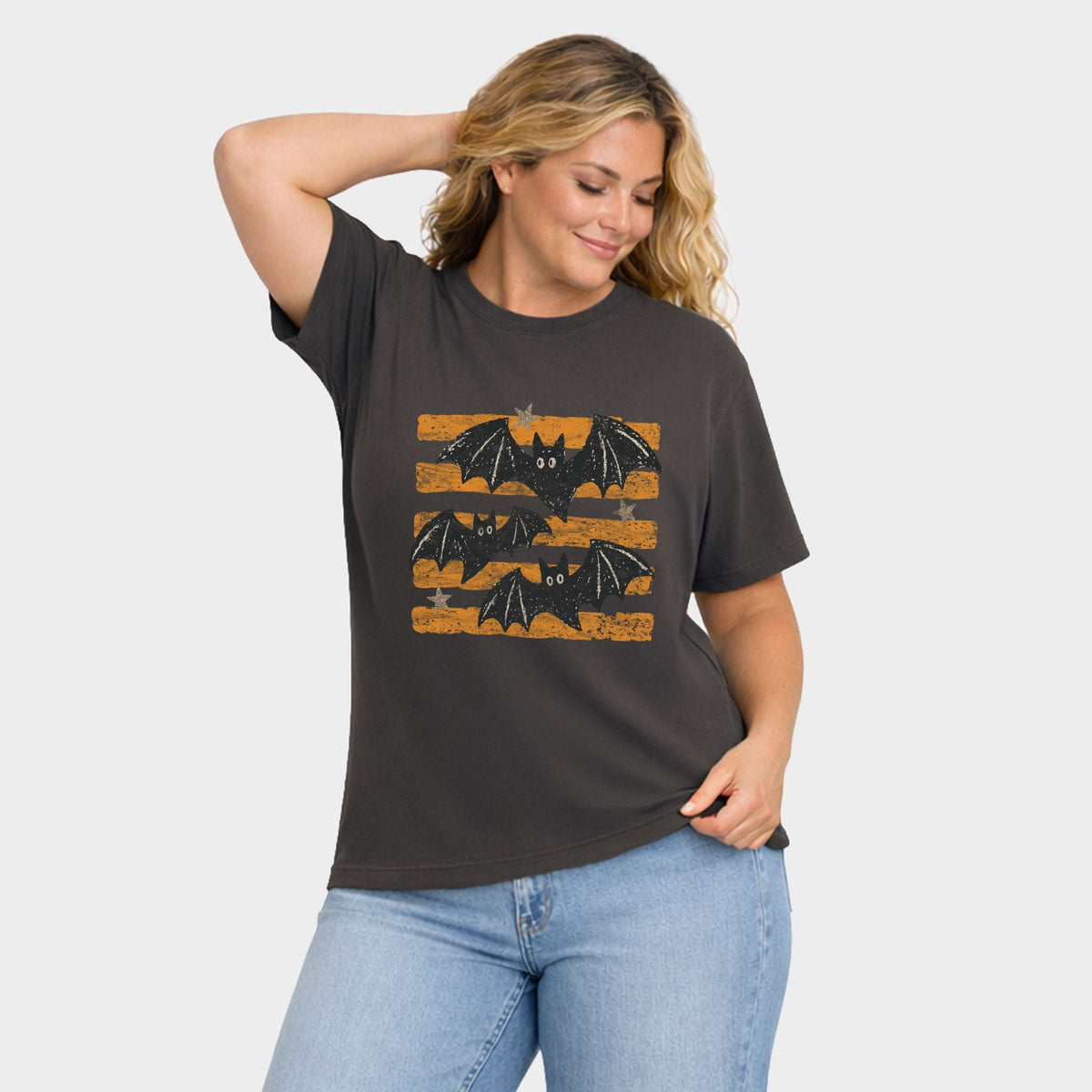 Bats Orange Stripes - Women's Plus Sized Garment Dyed Graphic T-Shirt