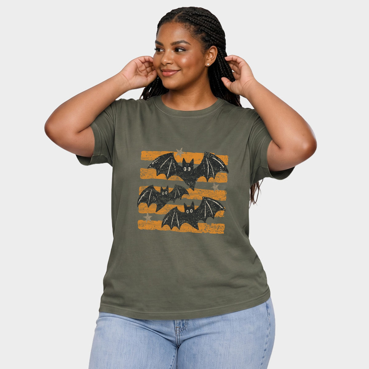 Bats Orange Stripes - Women's Plus Sized Garment Dyed Graphic T-Shirt