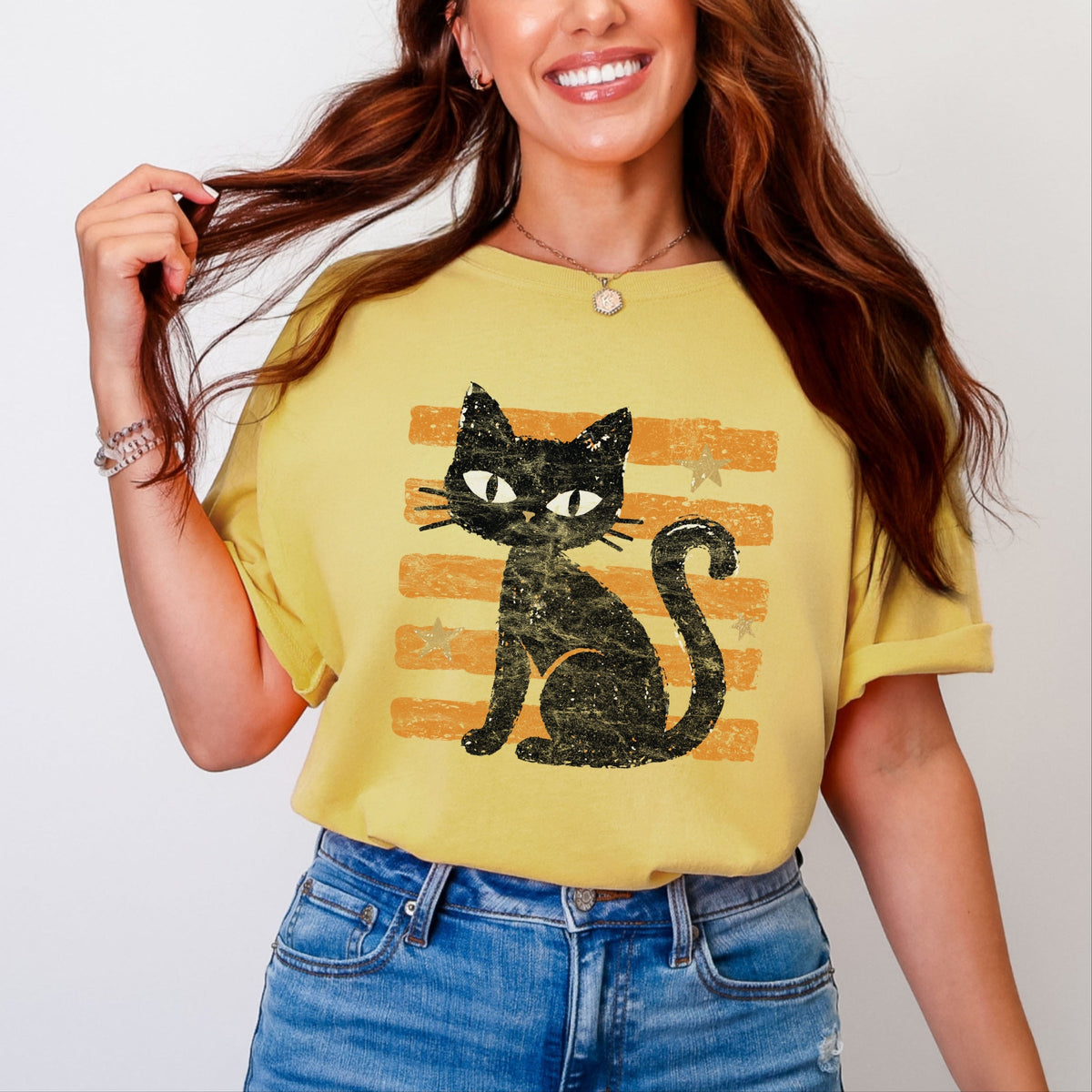 Black Cat Orange Stripes - Women's Garment Dyed Graphic T-Shirt