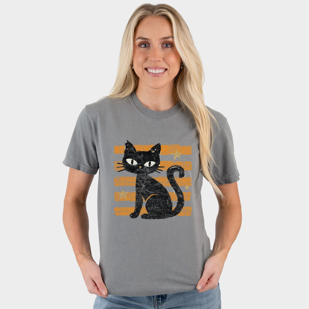 Black Cat Orange Stripes - Women's Garment Dyed Graphic T-Shirt