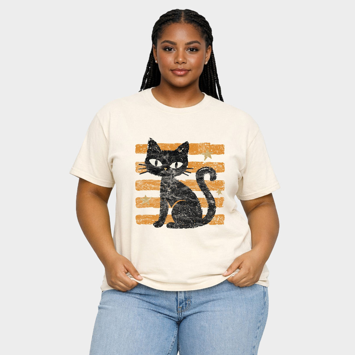 Black Cat Orange Stripes - Women's Plus Sized Garment Dyed Graphic T-Shirt