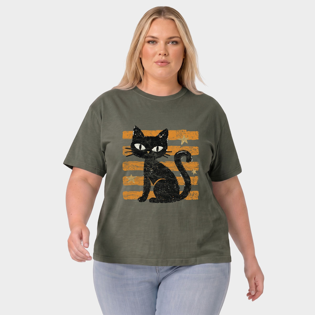 Black Cat Orange Stripes - Women's Plus Sized Garment Dyed Graphic T-Shirt