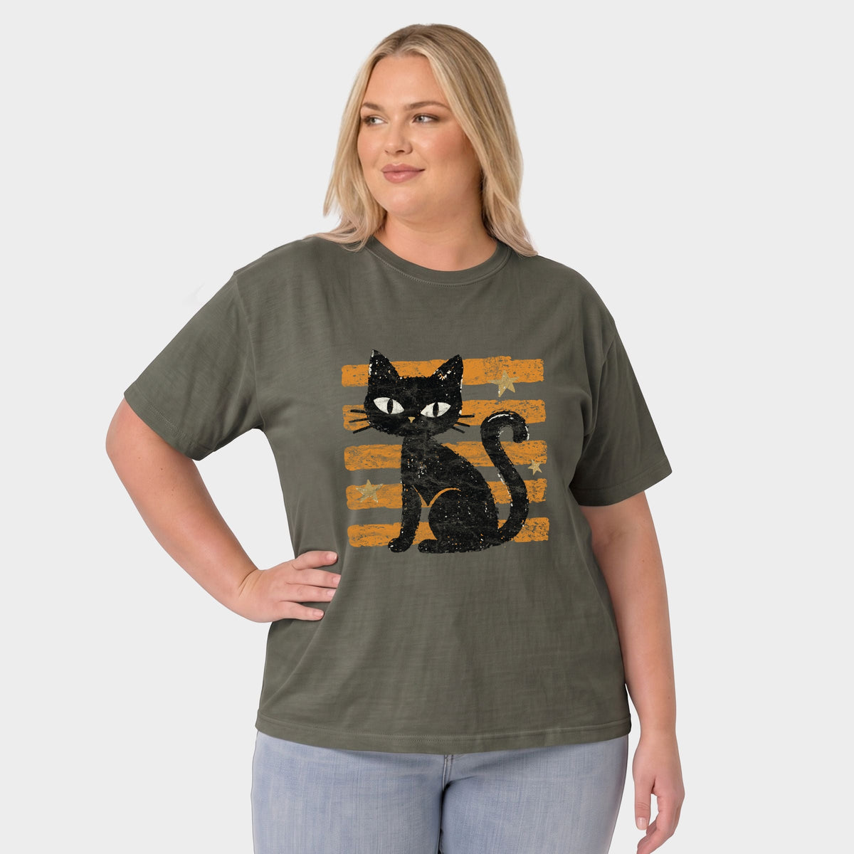 Black Cat Orange Stripes - Women's Plus Sized Garment Dyed Graphic T-Shirt