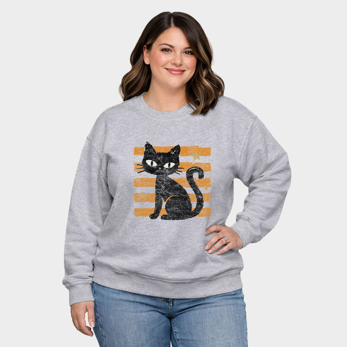 Black Cat Orange Stripes -  Women's Plus Sized Graphic Sweatshirt