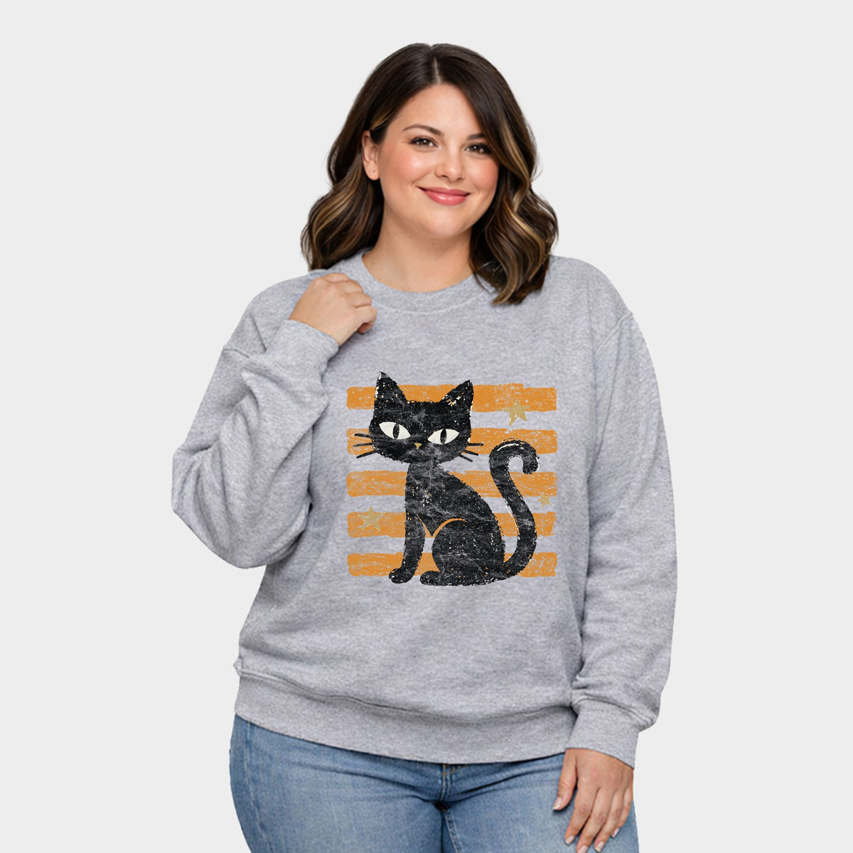 Black Cat Orange Stripes -  Women's Plus Sized Graphic Sweatshirt
