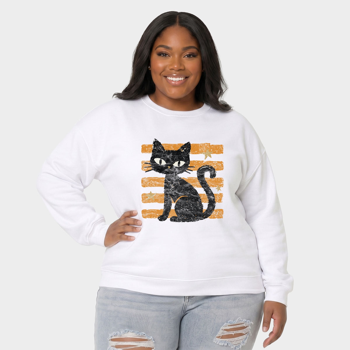 Black Cat Orange Stripes -  Women's Plus Sized Graphic Sweatshirt