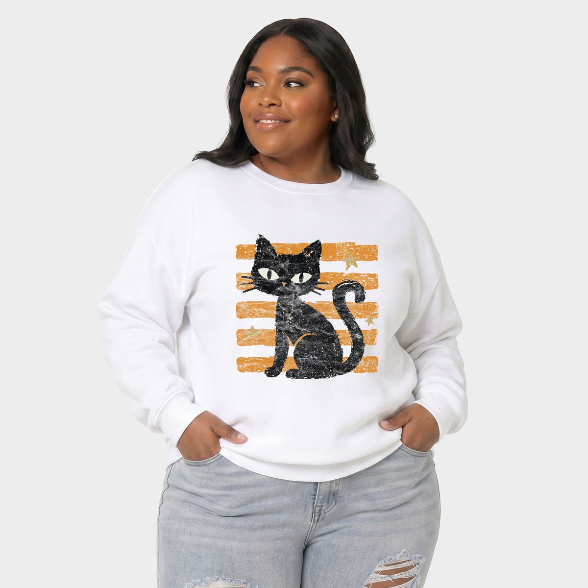 Black Cat Orange Stripes -  Women's Plus Sized Graphic Sweatshirt