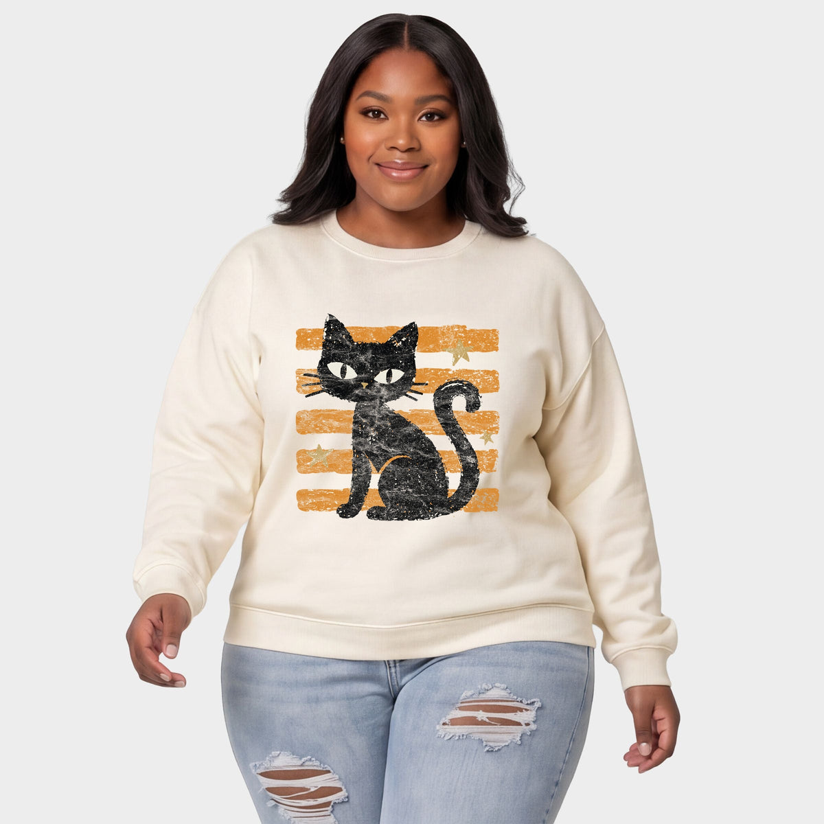 Black Cat Orange Stripes -  Women's Plus Sized Graphic Sweatshirt