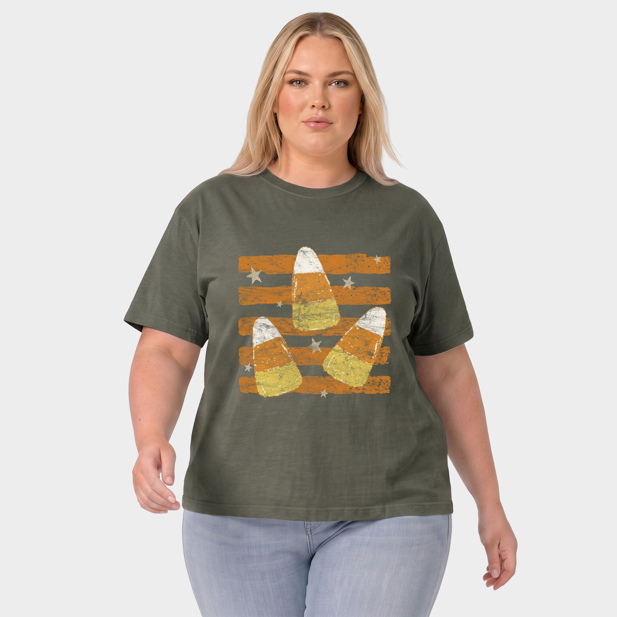 Candy Corn Orange Stripes - Women's Plus Sized Garment Dyed Graphic T-Shirt