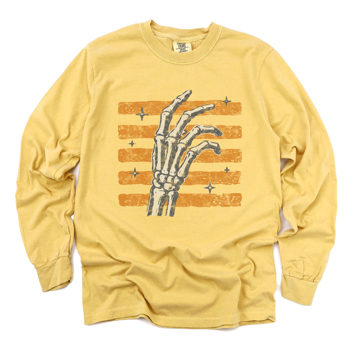 Skeleton Hand Orange Stripes - Women's Garment Dyed Long Sleeve Graphic T-Shirt