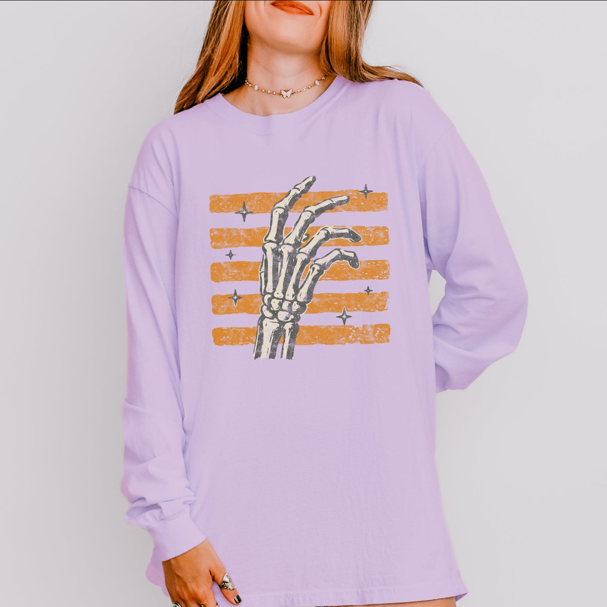 Skeleton Hand Orange Stripes - Women's Garment Dyed Long Sleeve Graphic T-Shirt