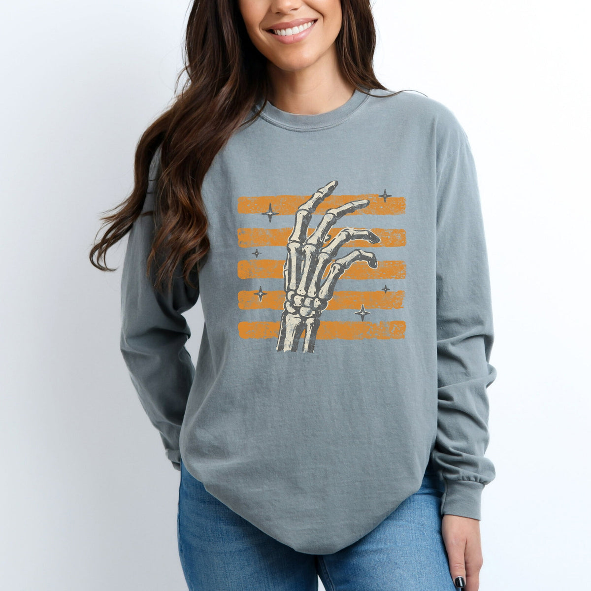 Skeleton Hand Orange Stripes - Women's Garment Dyed Long Sleeve Graphic T-Shirt