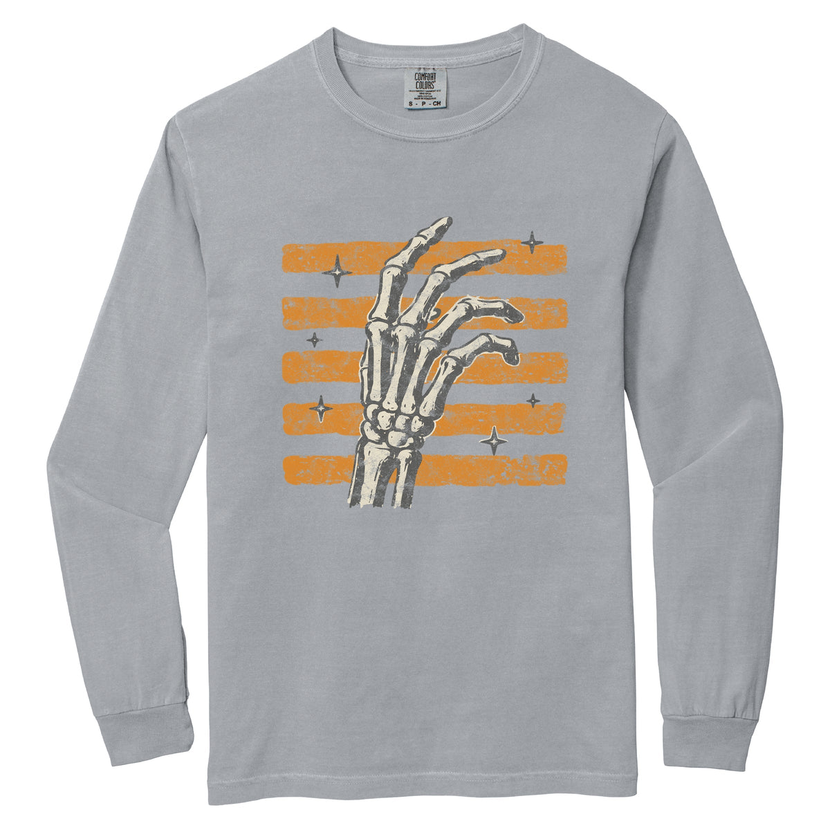 Skeleton Hand Orange Stripes - Women's Garment Dyed Long Sleeve Graphic T-Shirt