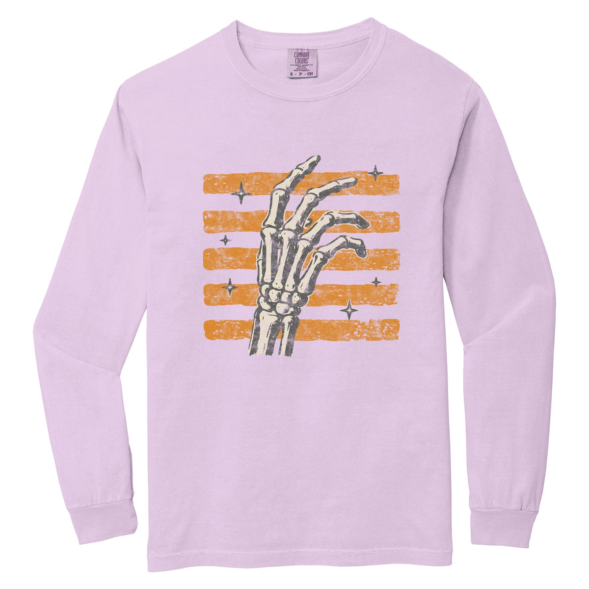 Skeleton Hand Orange Stripes - Women's Garment Dyed Long Sleeve Graphic T-Shirt